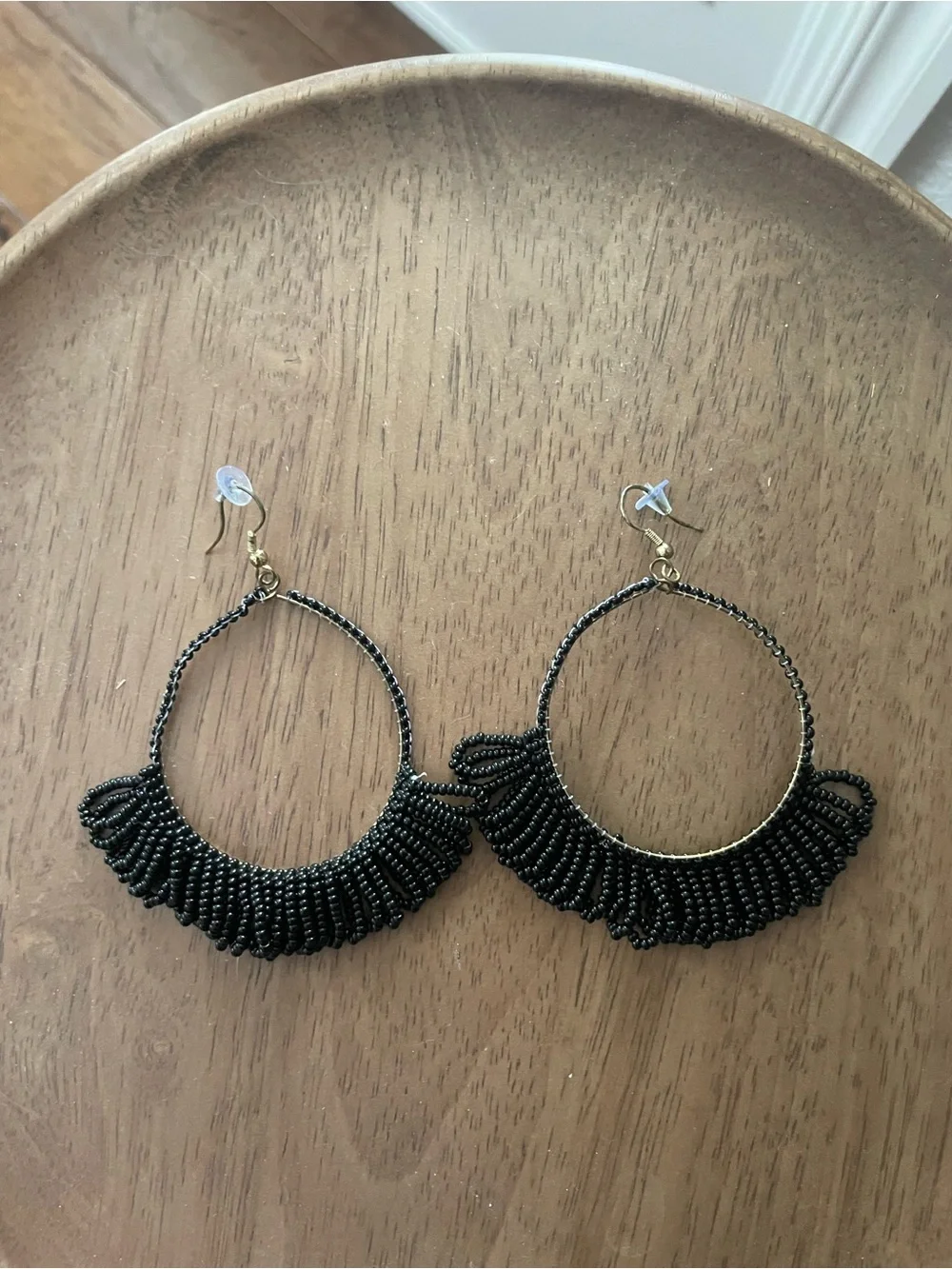 Fringed Black Beaded Hoop Earrings - Picture 3 of 3